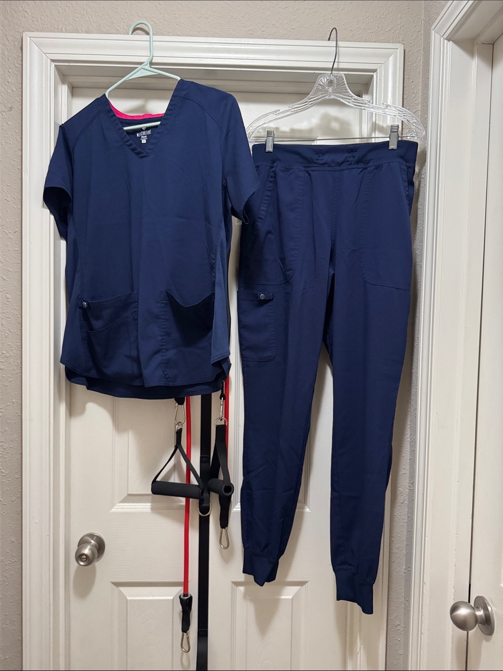 Med Couture Navy and Pink-Trim Kids Pajama Set - Scrub-Style Top & Jogger Pants
